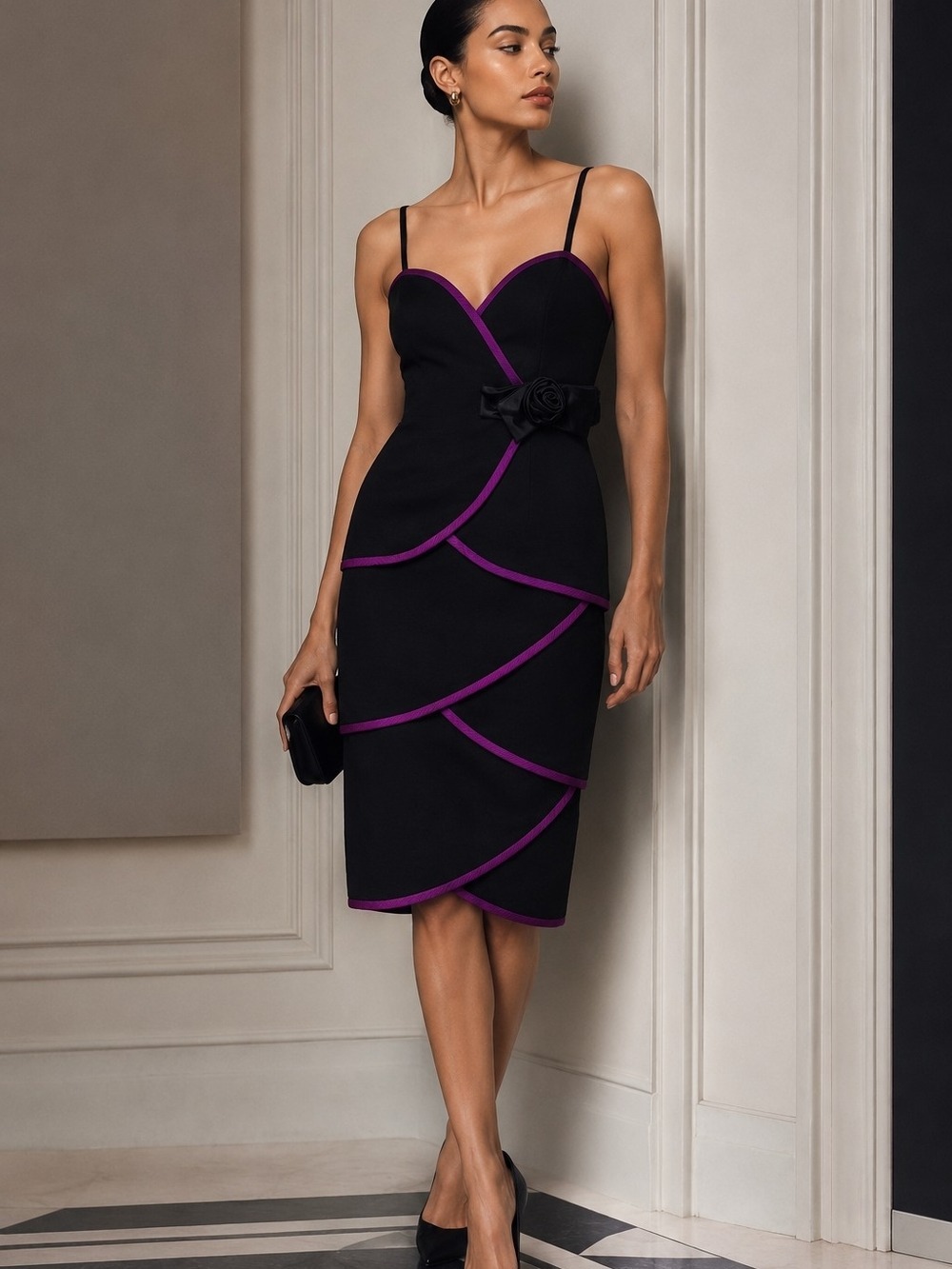 Vintage LoriAnn Black Purple Cocktail Dress Rosette Wiggle Party Goth Coquette 8